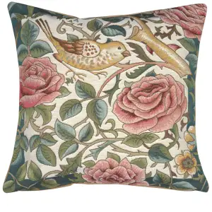 Zoom Bird and Roses White French Tapestry Pillow Cover 19x19 inch Cotton Jacquard Woven Cushion Cover