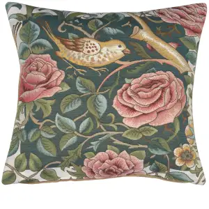 Zoom Bird and Roses Blue French Tapestry Pillow Cover 19x19 inch Cotton Jacquard Woven Cushion Cover