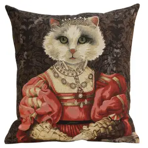 Cat with Crown Belgian Tapestry Pillow Cover 18x18 Inch Cotton Jacquard Woven Cushion Cover