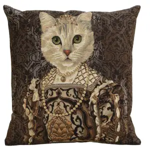 Cat with Crown Belgian Tapestry Pillow Cover 18x18 Inch Cotton Jacquard Woven Cushion Cover