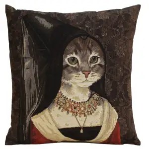 Cat with Hat Belgian Tapestry Pillow Cover 18x18 Inch Cotton Jacquard Woven Cushion Cover