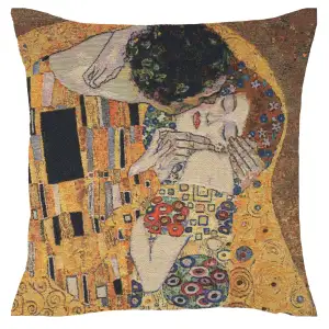Gustav Klimt The Kiss with Lurex European Tapestry Pillow Cover 18x18 Inch Cotton Jacquard Woven Cushion Cover