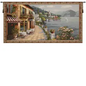 Cafe by Lake Como Tapestry Wall Hanging 27x57 Inch Cotton Jacquard Woven Wall Tapestry