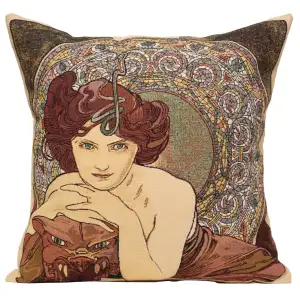 Mucha Emeraude European Tapestry Pillow Cover 18x18 Inch Cotton Jacquard Woven Cushion Cover