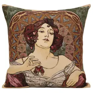 Mucha Rubis Stone European Tapestry Pillow Cover 18x18 Inch Cotton Jacquard Woven Cushion Cover