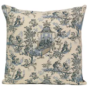 The Chinese on a Wheelbarrow Kiosk Blue French Tapestry Pillow Cover 19x19 Inch Cotton Jacquard Woven Cushion Cover