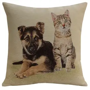 Besties for Life Dog Cat Tapestry Pillow Cover 18x18 Inch Cotton Jacquard Woven Cushion Cover