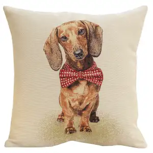 Bow Dog Tapestry Pillow Cover 18x18 Inch Cotton Jacquard Woven Cushion Cover
