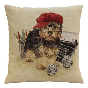 Writer Yorkie Tapestry Pillow Cover 18x18 Inch Cotton Jacquard Woven Cushion Cover
