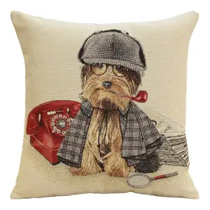 Sherlock Yorkie Tapestry Pillow Cover 18x18 Inch Cotton Jacquard Woven Cushion Cover