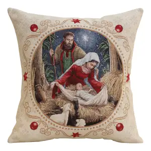 Religious Nativity Tapestry Pillow Cover 18x18 Inch Cotton Jacquard Woven Cushion Cover