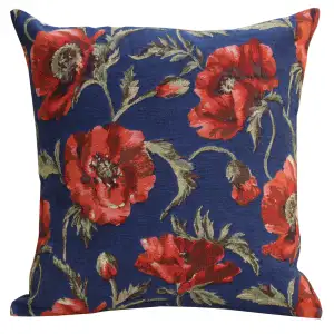 Floral Coquelicots Blue Tapestry Pillow Cover 18x18 Inch Cotton Jacquard Woven Cushion Cover