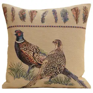Pheasants Facing Left European Tapestry Pillow Cover 18x18 Inch Cotton Cushion Cover