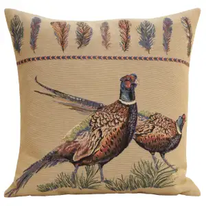 Pheasants Facing Right European Tapestry Pillow Cover 18x18 Inch Cotton Cushion Cover