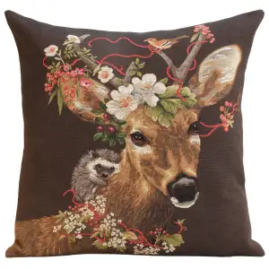 Forest Stag Brown European Tapestry Pillow Cover 18x18 Inch Cotton Cushion Cover