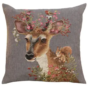 Forest Deer Grey European Tapestry Pillow Cover 18x18 Inch Cotton Cushion Cover