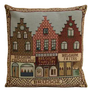 Brugge Houses Belgian Tapestry Pillow Cover 16x16 Inch Cotton Jacquard Woven Cushion Cover