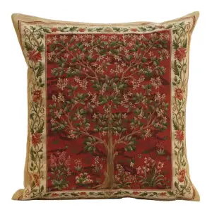 Red Tree of Life Belgian Tapestry Pillow Cover 18x18 inch 100% Cotton Belgian Jacquard Woven Cushion Cover