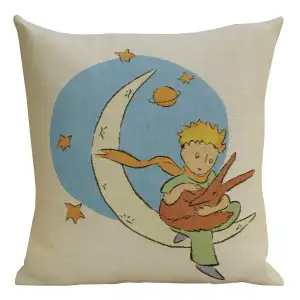 The Little Prince with a Fox on the Moon European Tapestry Pillow Cover  14x14 Inch Cotton Jacquard Woven Cushion Cover