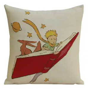 The Little Prince Reading a Book European Tapestry Pillow Cover  14x14 Inch Cotton Jacquard Woven Cushion Cover