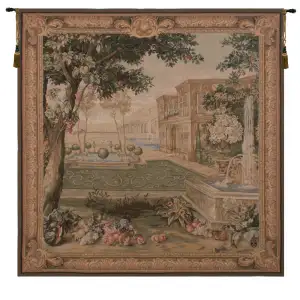 Verdure Fontaine Carree Vintage Tapestry Wall Hanging 58 x 58 in Jacquard Woven French Garden Landscape Wall Art