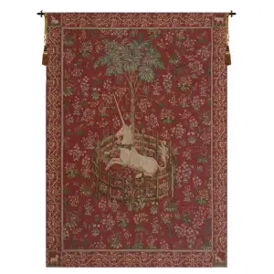 Medieval Licorne Captive Rouge Vintage Tapestry Wall Hanging 58 x 44 in Jacquard Woven Red Unicorn Millefleurs Wall Art