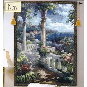 James Reed Seaside Terrace Fine Art Tapestry Wall Hanging 80 in. x 56 in. Jacquard Woven Coastal Landscape Wall Art