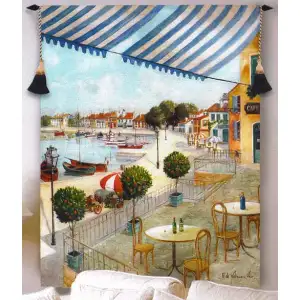 Le Port Fine Art Tapestry Wall Hanging 80x56 Jacquard Woven Harbor Coastal Wall Art