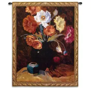 Poppies in Black Fine Art Tapestry Wall Hanging 53x40 Jacquard Woven Floral Poppy Wall Art
