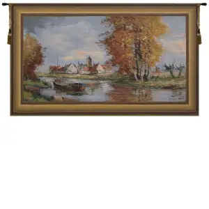 Demets Riverside Flemish Village Belgian Tapestry Wall Hanging 64x38 Inch Cotton Jacquard Woven Wall Tapestry
