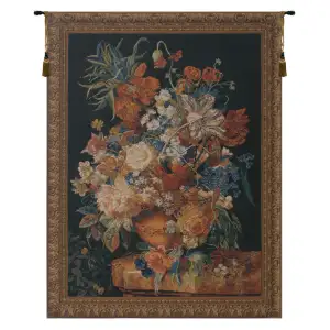 Terracotta Floral Bouquet Black Belgian Tapestry Wall Hanging 65x50 Inch Cotton Jacquard Woven Wall Tapestry