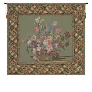Flower Basket Green European Tapestry Wall Hanging 32x34 Inch Cotton Jacquard Woven Wall Tapestry