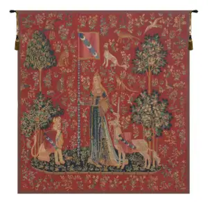 Medieval Le Toucher Fonce Vintage Tapestry Wall Hanging 33 x 32 in Jacquard Woven Lady and Unicorn Wall Art
