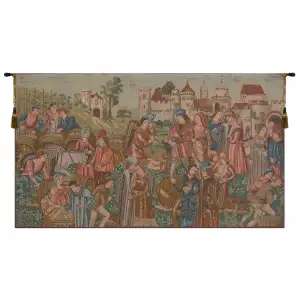 Medieval Marche Au Vin Tapestry Wall Hanging 19 x 32 in Jacquard Woven Wine Market Wall Art
