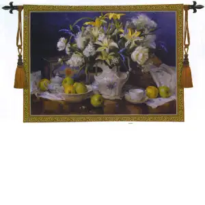 Arrangement in Blue Tapestry Wall Hanging 36x53 Blue Floral Botanical Still Life Jacquard Woven Wall Art Home Decor