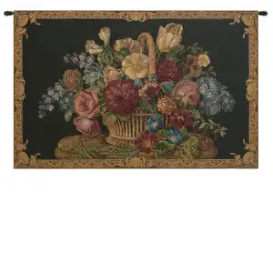 Flower Basket Black Italian Tapestry Wall Hanging 42x24 Inch Cotton Jacquard Woven Wall Tapestry