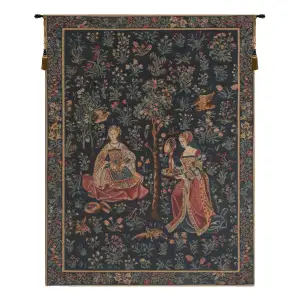 Seignorial Scene European Tapestry 25 in. x 18 in Medieval Court Scene Jacquard Woven Wall Hanging Castle Decor