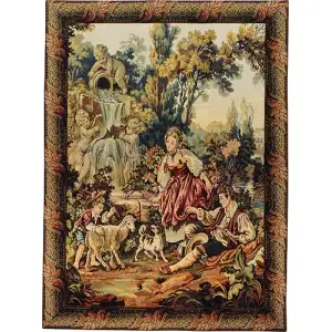 Fountain By The Lake 02 Vertical Italian Tapestry Wall Hanging 30 in. x 29 in. Jacquard Woven Lake Landscape Wall Art