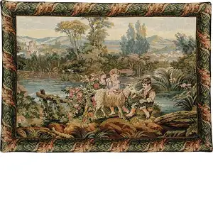 Francois Boucher Children By The Lake Italian Tapestry Wall Hanging 24 in. x 34 in. Jacquard Woven Pastoral Wall Art