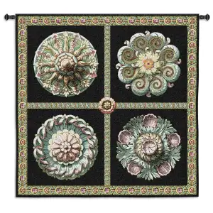 Rosettes on Black Tapestry Wall Hanging 53x53 Floral Medallion Black Jacquard Woven Wall Art Traditional Home Decor