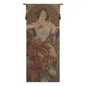 Alphonse Mucha Mucha Rubis Tapestry Wall Hanging 42 x 19 in Art Nouveau Woman Ruby Gemstone Jacquard Woven Wall Art