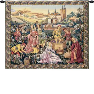 Vendanges au Chateau French Tapestry 36x44 Medieval Grape Harvest Vineyard Chateau Jacquard Woven Wall Hanging French Decor