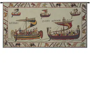 Les Normands The Norman Fleet French Tapestry 19x33 Bayeux Medieval Ships Jacquard Woven Wall Hanging Historical Decor