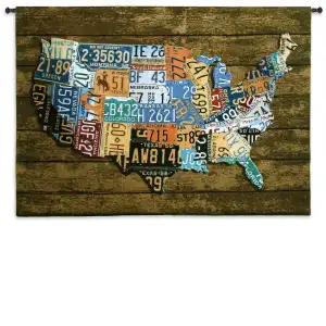 USA Tags on Wood Americana 37x52 Tapestry Wall Hanging Patriotic Rustic Jacquard Woven Wall Art Home Decor