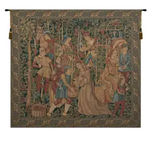 Medieval Vendage Right Panel Tapestry Wall Hanging 30 x 37 in Vineyard Harvest Jacquard Woven European Decor