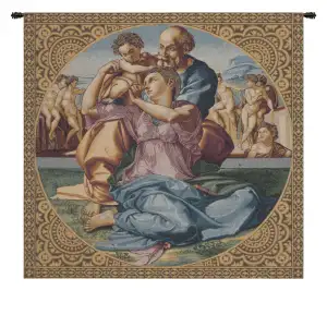 Michelangelo The Holy Family Vintage Tapestry Wall Hanging 24 x 24 in Renaissance Religious Jacquard Woven Art