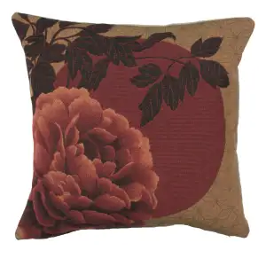 Red Peonies French Tapestry Pillow Cover 18x18 Inch Cotton Jacquard Woven Cushion Cover
