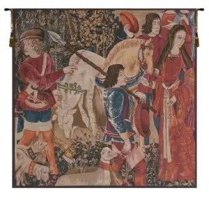 Medieval Death of the Unicorn Vintage Tapestry Wall Hanging 28 x 28 in Jacquard Woven Castle Decor