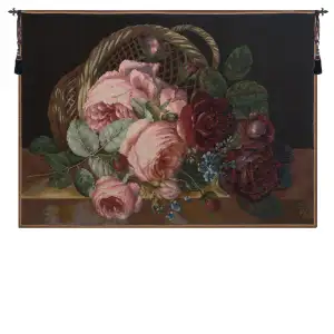 Silk Basket of Flowers Black French Tapestry Wall Hanging 28x38 Inch Cotton Jacquard Woven Wall Tapestry