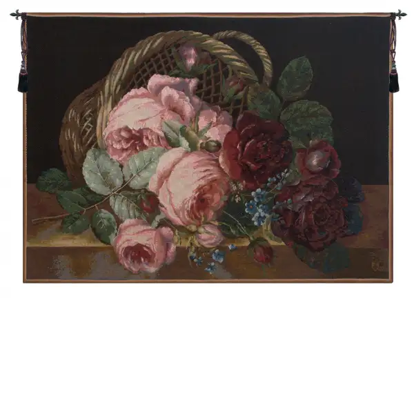 Silk Basket of Flowers Black European Tapestry Wall hanging